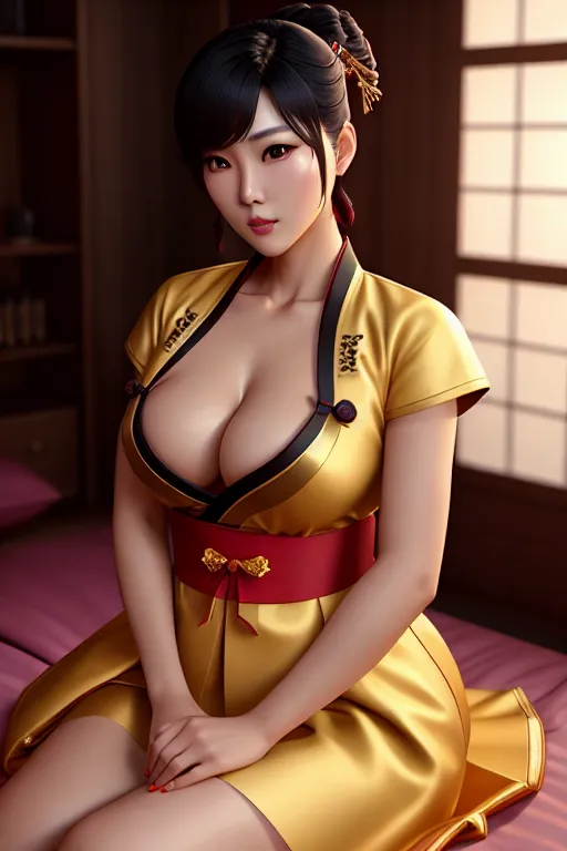 a photograph of,kim so yeon,wearing hanbok,sitting,on the bed,five fingers per hand,undercut hair,beautiful face,beautiful lips,curved eyebrows,smooth skin,erotic,wearing golden ring,unreal engine,cinematic lighting,cgsociety,pixiv,8k