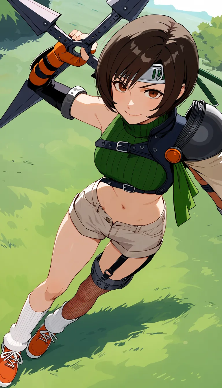 masterpiece, best quality, safe, 1girl, yuffie kisaragi, final fantasy, final fantasy vii, solo, standing, outdoors, brown hair, short hair, green turtleneck sweater, cropped sweater, crop top, shorts, socks, single shoulder pad, midriff, shuriken, holding weapon, dynamic pose