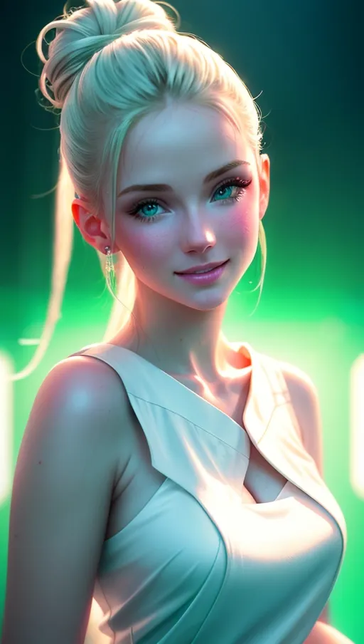 (Best quality), high quality (photo_realistic:1.2) hyperreal, (a sexy close up portrait of a woman posing expressively in a saturated neon light studio), (hairbun, white chinese dress:1.2),
(Correct anatomy), Toned and slender, (detailed front view of face looking at viewer with happy expression:1.17), beautiful detailed lips smiling with mouth open,
(Vibrant gradient green to white effect background, silhouette:1.2), hyperrealistic sweaty pale skin, five high quality slender fingers,
a close up portrait of woman in a playful erotic pose, soft focus, <lora:dpmg_add_detail:0.75>, (amateur photography:1.15), (high resolution masterpiece, dark contrast:1.35), anime-like, bad photography, bad lighting,