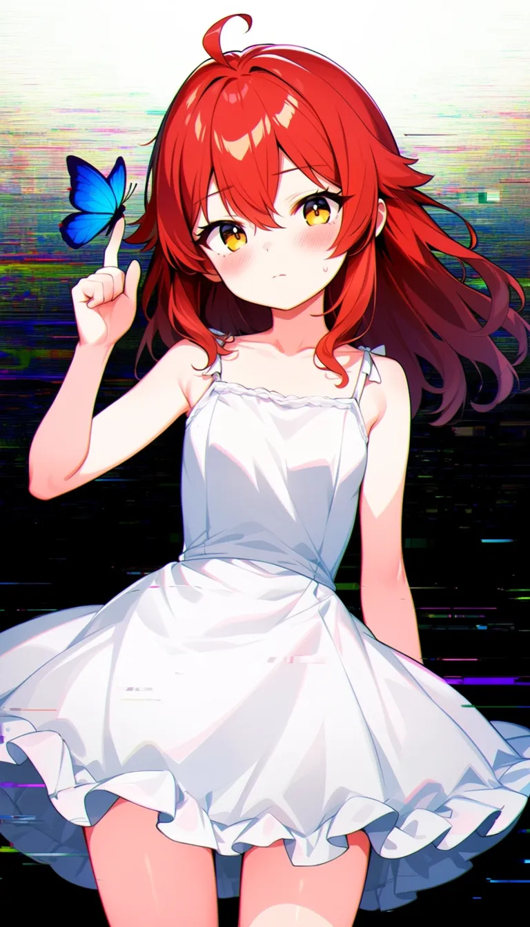 masterpiece, best quality, score_7, safe, 1girl, standing, white dress, red hair, a blue butterfly is on her finger, (glitch:2)