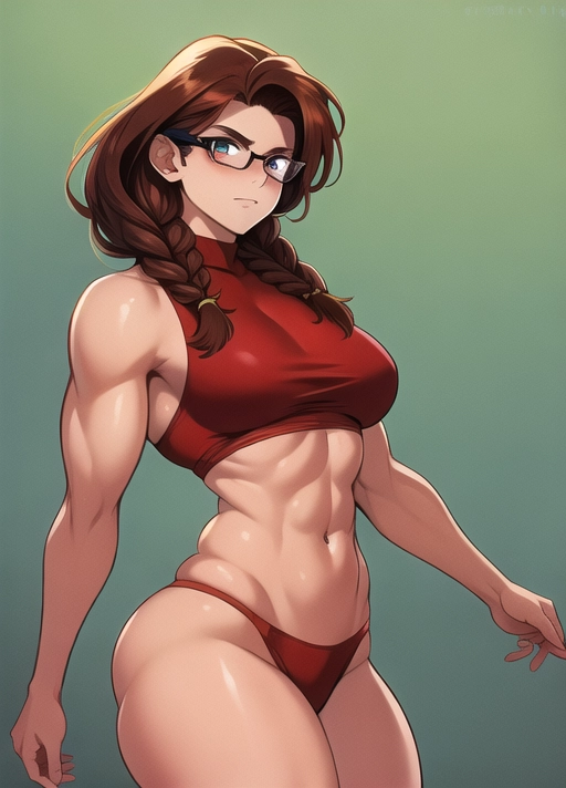 ((90s art style)), (masterpiece), absurdres, smooth, soft lines, soft edges, perfect edges, (soft lighting), (soft glow), perfect anatomy, detailed background, hair with great details, perfect eyes, perfect face, (looking at viewer), ((serious expression)),
lip gloss, smiling, ((flushed cheeks)), erotic, ((gym background)), full body view, glasses,
((Long auburn hair)), braids, ((freckles)), thick thighs, wide hips, ((fair skin)), ((pale skin color)), fit, ((extremely thick arms)), ((small breasts)), muscular arms,