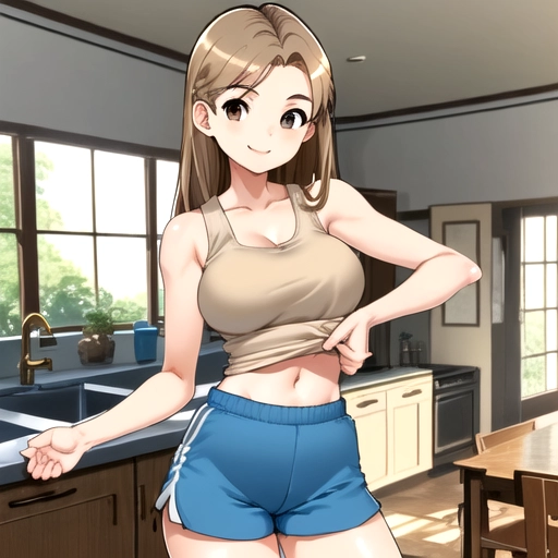 light brown hair, (busty), young, cute, (slender), white tank top, blue shorts, at home, smile