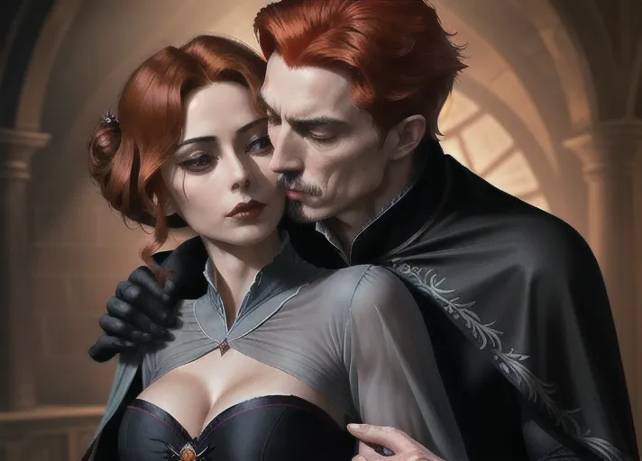 an older distinguished short black-haired masculine Dracula with very high collared cape, embracing Sweet innocent beautiful elegant auburn haired in a low bun Queen Anna of Arendelle in green portrayed by Willa Holland deeply hypnotized and enthralled, lips parted in arousal, fingering recent hickey on her neck from behind kissing her neck. PHOTOREALISTIC.