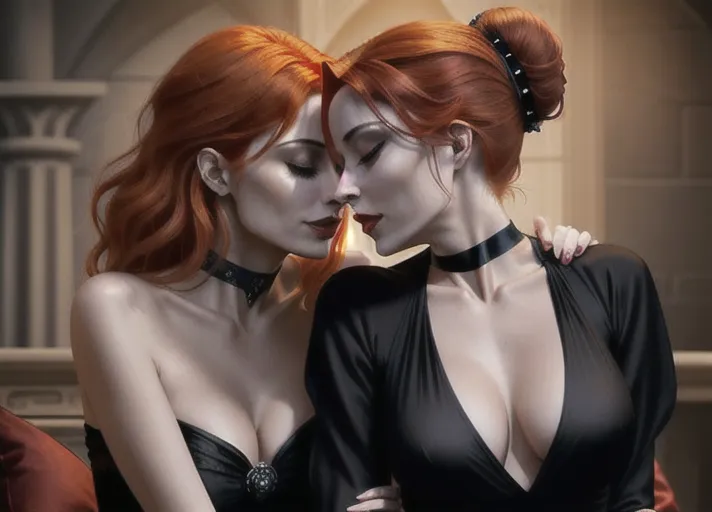Beautiful elegant auburn haired in a low bun Queen Anna of Arendelle portrayed by Willa Holland as a sexy vampire with hypnotic red glowing eyes, deep plunging neckline and a warm inviting toothy smile with long sharp canine teeth. fingering her own recent bitemarks on her neck either side of her black satin choker. Older raven haired masculine Dracula embracing her from behind kissing her neck. PHOTOREALISTIC.
