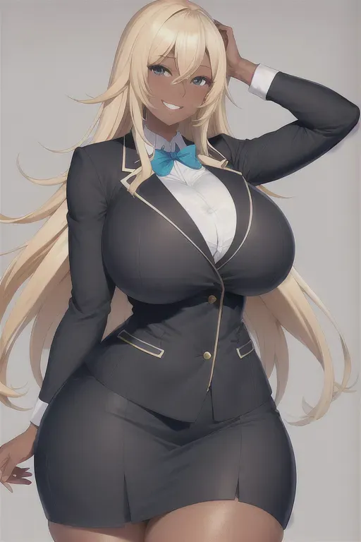 Tall, dark skinned, thicc, grinning, school uniform, girl, laughing, big breasts, large hipps, long blonde hair