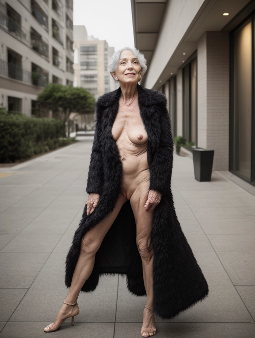 I encounter a wealthy and horny and eccentric naked mature lady with sagging natural breasts, wearing an indecent outfit stepping into the lobby of my apartment building