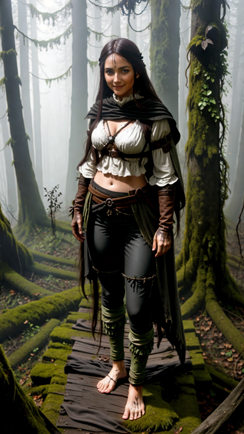 full-body image of a fit tan thin beautiful barefoot German adventurer woman with long hair wearing medieval adventurer attire while exploring a decaying forest, (beautiful petite feminine feet: 1.2), (barefoot: 1.3), (wearing warm black medieval adventurer attire: 1.2), (long dark hair: 1.2), (German woman: 1.3), (cursed foggy dark rotting decaying forest: 1.4), (black toenails: 1.2), (gloves: 1.2), (tights: 1.2), (magic glowing markings on feet: 1.3), (smug smirk: 1.2), (adventurer pants: 1.2),