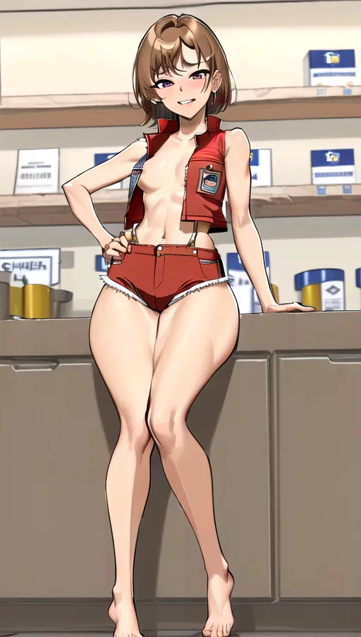 (((thick thighs))), An 8k resolution photo, ((detailed facial features)), ((8k resolution photo)), naked, without clothes, ((see full body)), wide body, thin body, small breasts, ((slim)), slender, light brown skin tone, Latina, thick legs, (((background Lowes home improvement store))), ((lost look with wide eyes)), ((orgasm)), ((18 years old)), (((wearing an open red pinnie material Lowes vest topless)))