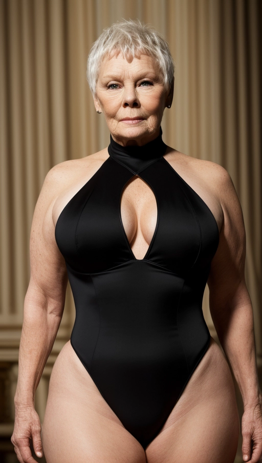 HDR. Canon. Judi Dench in a professional erotic photo shoot. Highly detailed. Very realistic lighting. (Black leotard)((Full body and thighs visible)),