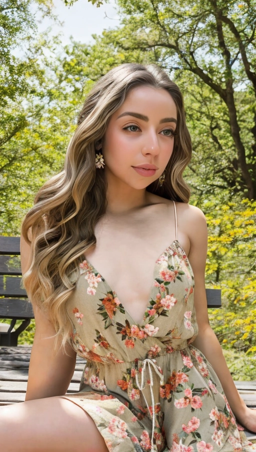 <lora:JlgblwOYz8w_Alyssa_2:1>, (((pretty with dark blonde hair with light skin sitting on a park bench in the woods wearing a floral romper))), (((photo of Alyssa Barrantes))), (((light brown eyes))), (((small light freckles))), (((only one head))), (((full body visible))), (((short woman proportions))), (((high waistline))), (((romantic lighting)))