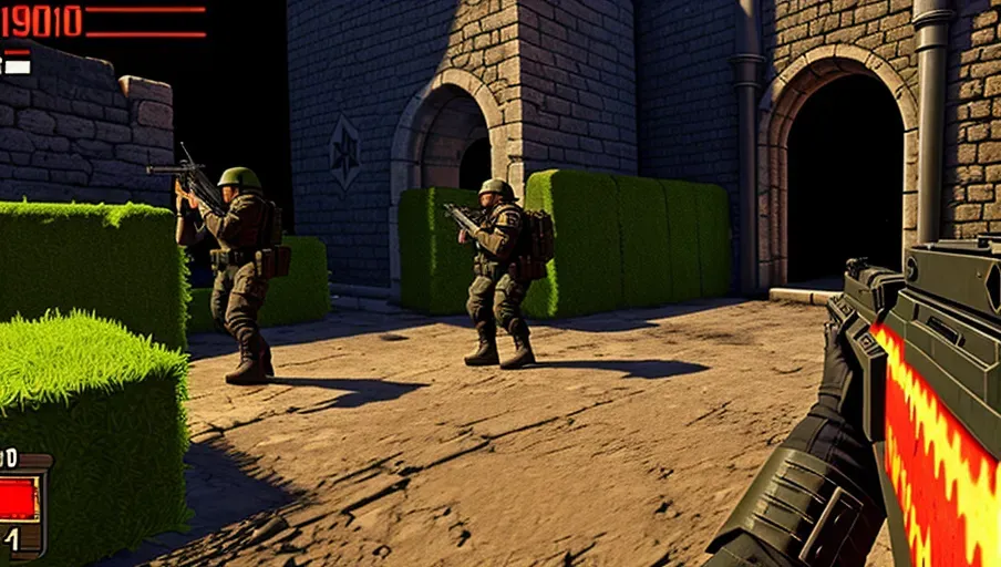 A first person shooter game in the style of Duke Nukem 3D, shooting aliens and demons, old graphics from the 1980s Commodore64 and Amiga computers, crypts, graveyards, temples, courtyards, castles, monsters, demons, aliens, undead, soldiers, action-packed, warfare, castlecore, military ouposts, military checkpoints, barricades, tunnels, <lora:dpmg_add_detail:fantasycore:55>, magic, spellcast, spellcasting, militants, militarycore, armycore, futurecore, futuristiccore, intricacy complexity:999999.9, detail complexity:999999.9, soldiers wearing power armor, soldiers wearing exoskeleton, 16K image resolution,