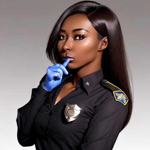 Policewoman, in unifrom and nitrile gloves
Mo is a striking young woman with deep, dark skin that has a smooth, flawless complexion. Her skin tone is a rich, dark chocolate, giving her a commanding and elegant presence. She has high cheekbones and a sharp jawline that accentuates her striking features. Her eyes are large, almond-shaped, and a deep brown, often appearing warm and inviting when shes in her false persona but turning cold and piercing when her true nature surfaces.