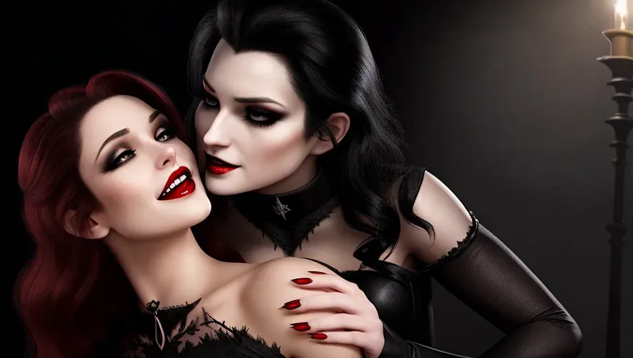two figures in a dark and foggy goth club. An evil sexy sensual slightly taller dominant female black straight haired vampire with a wide toothy predatory smile, taking her human victim in her arms caressing sexually arching over as she bites the neck of her victim
fearful and seeking to escape, Innocent, good girl with light reddish-auburn gentle wavy hair, light make-up, good girl mid-twenties Anna of Arendelle, entranced lips agape in horror, eyes half closed in a modest elegant soft green Nordic ballgown.
photorealistic. High resolution
