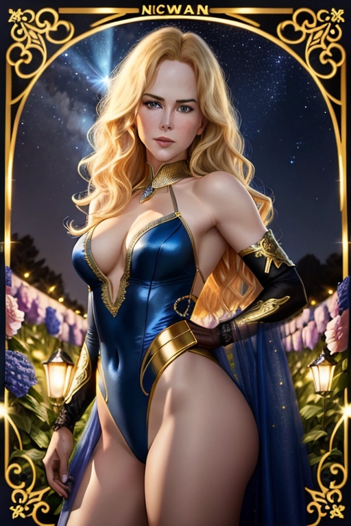 Colour picture of a young Nicole Kidman, ((accurate face)), in a flower garden at night, starry sky, lit by lanterns, elaborate blue and gold patterned leotard, beautiful face, blonde hair, standing, fit, highly detailed, correct human anatomy, looking at viewer, front, closeup,