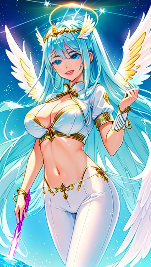 a 64k high detailed photo of Female Goddess with clothing, HDR, Professional, Highly Detailed, ((In pants))) ((In Shirt)) ((Has Attire)) Godly Ultra Detailed Best Quality Most Detailed ((Angel Wings)) Angelic Lighting Love Hope Magic casting Smiling Queen happy Glory Warrior Angels Angelics Positivity Happiness ecstasy enraptured sweaty saving God Royalty Morality Goodness True Good Power Force Authority Ethical Saviour Halo short Hair Always and Forever Sentimental in heat hot ultra hot best best lighting tantric Neutral Brilliant Logical Compassionate Perfect Perfection Exciting Integrity Winged Courage Purity Harmony Beauty mark on upper lip ((Female)) Ethereal Lighting Celestial Lighting (((With Clothes))) ((With God Item)) ((God Tech)) (God Technology) with items of power God Wings ((Afterlife Light)) (Perfect Tits) (Perfect Ass) (Perfect Body) (Perfect Anatomy) (Love Worship) ((God Light)) ((God Staff))) ((God Weapon)) (Spirituality) (Erotic) (Pinup) (Romance) (Smiling) ((Happy expression)) ((Angelic Glow)) ((((Has Clothing On))) accessories
