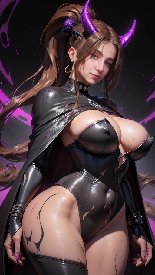best quality, (((ultra high res))), (((detailed face and eyes))), ((perfect face)), (big shining heart choker), earrings, jewelry, (conjuring), witch, ((very long voluminous hair)), (((brown hair))), (((huge golden hair cuff))), ((((black skintight neckholder)))), ((((face closeup)))), ((((lipstick)))), ((black long sleeves)), ((purple glowing heart)), (((demon mark))), ((((straight hair)))), ((pink luminescence)), (((Kylie Jenner))), (((huge boobs))), (((symbiote girl))), ((((black demon horns)))), (((((very very long hair))))), (((perfect face and eyes))), (((straight hair))), (((symbiote goo skin))), ((((face very close)))), (black spikes), ((((single ponytail)))), ((((cape))))