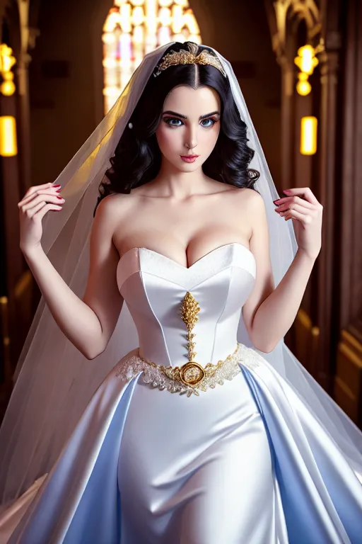 a photo shot of,a priest,wearing wedding dress,walking,at the convenient store,big breasts,five fingers per hand,silky hair,gorgeous face,beautiful lips,blue eyes,curved eyebrows,curved eyelid,pale skin,peaceful,wearing golden ring,smooth,cinematic lighting,ultra realistic,surreal,studio lighting