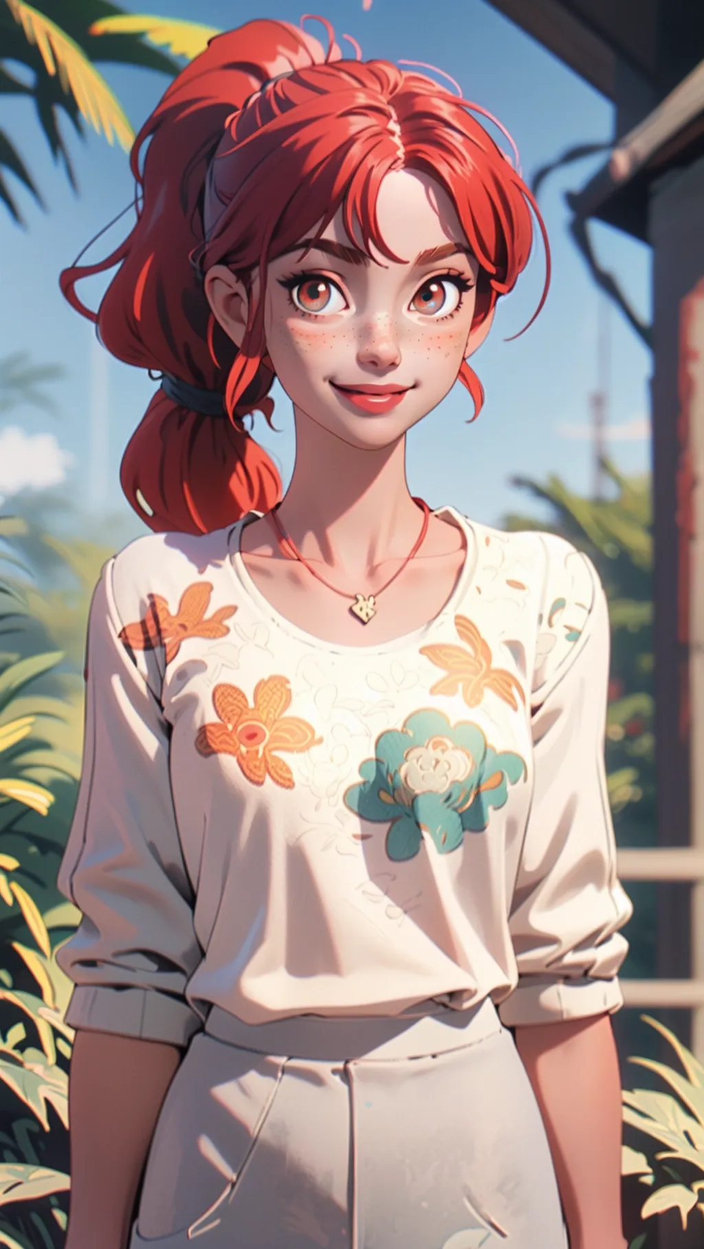 (masterpiece, best quality), 1girl, collarbone, wavy hair, looking at viewer, blurry foreground, upper body, necklace, contemporary, plain pants, ((intricate, print, pattern)), ponytail, freckles, red hair, dappled sunlight, smile, happy,