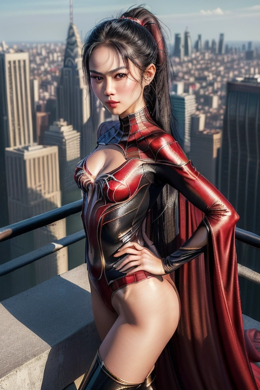 (photorealistic:1.4), (masterpiece:1.4), (best quality:1.4), ultra high res, bokeh, ((detailed facial features)), full length professional photograph of beautiful 22 year old Vietnamese female
dressed in glossy figure hugging high cut ((Spiderwoman)) costume, slim athletic body, long shapely legs, ((((small breasts)))), high heels boots, ghost nipples, prominent cameltoe, six pack abs, long black hair in ponytail
outdoors on the roof of a skyscraper, looking down onto city streets far below, ((standing confidently challenging the viewer face on in wide stance, both hands on hips))
(best quality), (((extremely accurate faces))), <lora:dpmg_add_detail:0.7>, (high resolution), (((masterpiece))), (uhd), (8k),