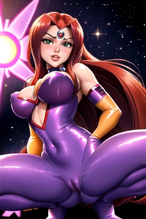 a 8k high detail photo from in front of ,(((Starfire from teen titans cartoon))) ,((wearing purple outfit)) , ((pussy showing)) , squatting ,big breasts , orange nipples ,five slender fingers ,fiery red hair ,beautiful face ,beautiful lips,green eyes,curved eyebrows,curved eyelid,orange skin,satisfaction,ultra realistic,smooth,8k,studio lighting,surreal