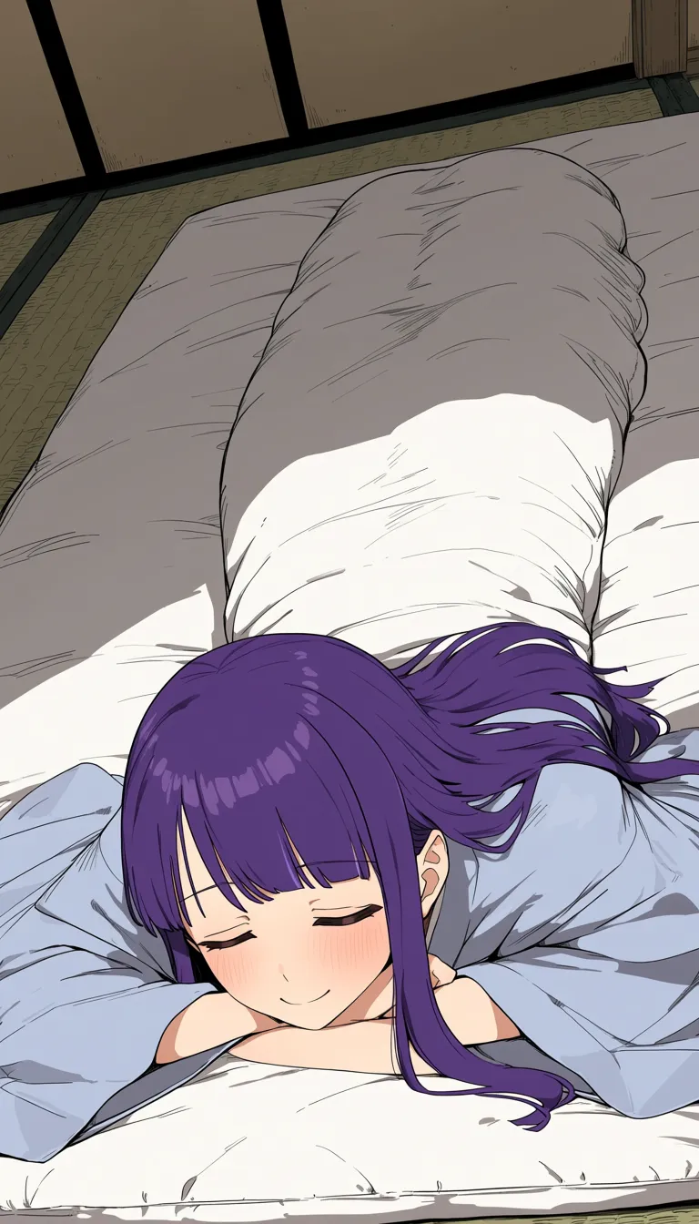 masterpiece, best quality, safe. An anime girl with purple hair is lying on her stomach on a futon, rolled up in a blanket. The background is a Japanese-style room. from below, closed eyes, blush, relaxed, smile