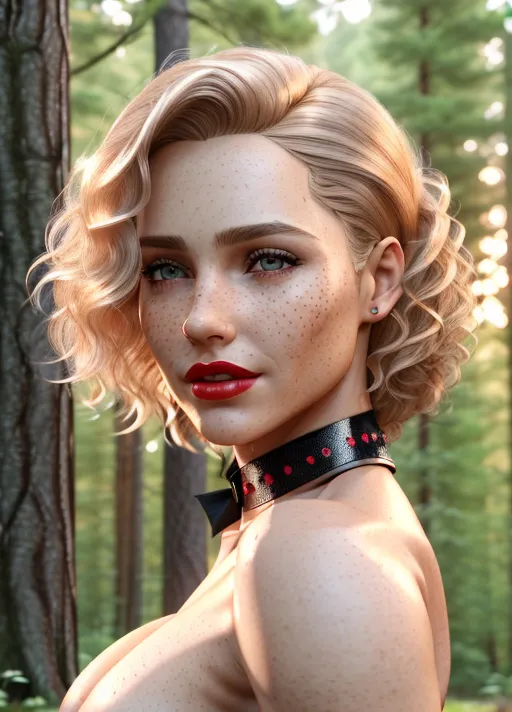 photorealistic, 8k, accurate face, (((detailed face))), (((replicate inspiration face))), freckles, red lipstick, thick black collar, light blonde slightly curly hair, topless, small pointy perky breasts, (athletic, lean female body), female face, round ass, standing forest,