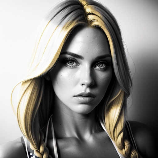 1girl, ((blonde)), american flag bikini, leaning forward, masterpiece, best quality, highly detailed, ((Pencil Drawing)), Studio lighting, black and white, (((portrait))), head turned, no smile