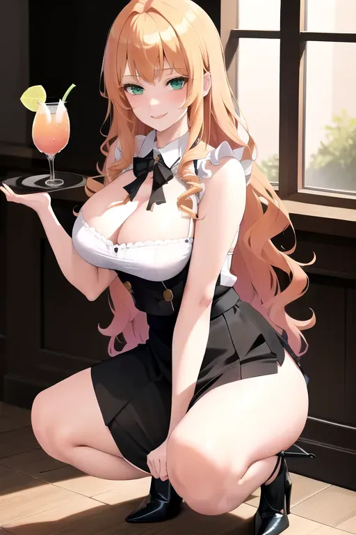 <lora:dpmg_skirt_tug:1>, 1girl, clothes tug, strawberry blonde hair, green eyes, black maid uniform, bar, pale skin, giant breasts, high heels, serving drinks, long hair, wavy hair, masterpiece, best quality, highly detailed, smiling, pov, looking at viewer, miniskirt, showing cleavage, realistic, erotic, squatting