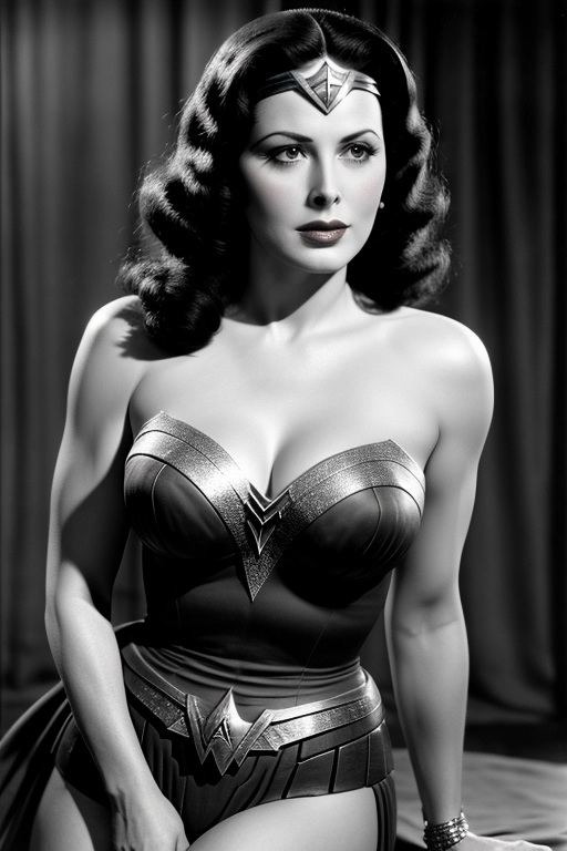 masterpiece, (realistic, photo-realistic:1.37), ultra detailed, ultra detailed skin, professional photograph, Hedy Lamarr playing Wonder Woman in a movie