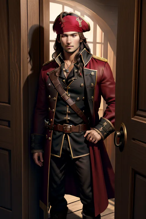 a young pirate captain with dressed in a black and red overcoat, a sheathed cutlass on his hip, standing in the doorway of a tavern, brown hair, highly detailed, hyper real, highly detailed face, dynamic warm lighting