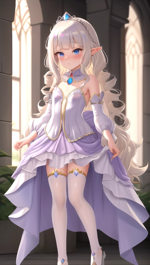 A small loli halfling elf princess, platinum blonde curly hair, she wears a revealing open elven silk royal gown, regal look, pampered princess, royal outfit satin stockings, princess tiara