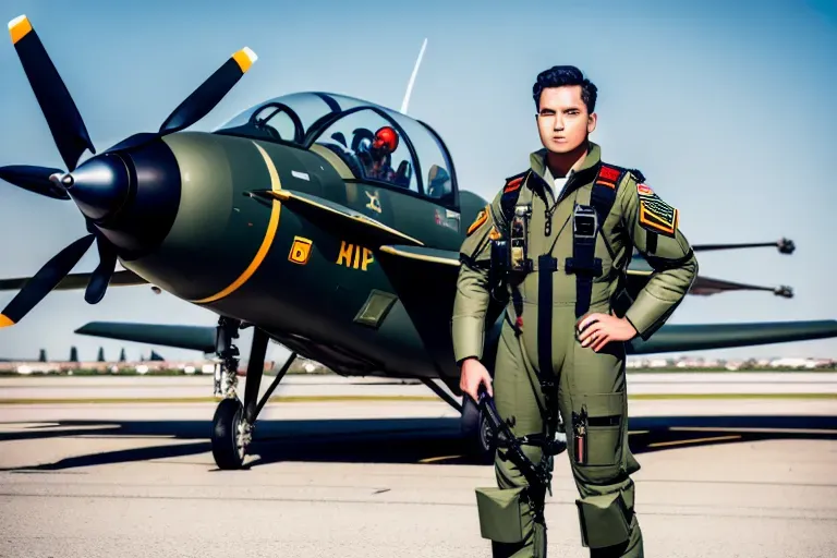 Handsome male military pilot wearing flight suit and harness standing up full body view