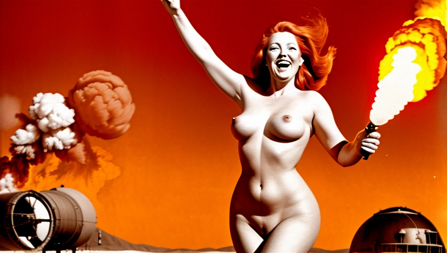 Naked happy redhead woman with a nuke bomb going off behind her.