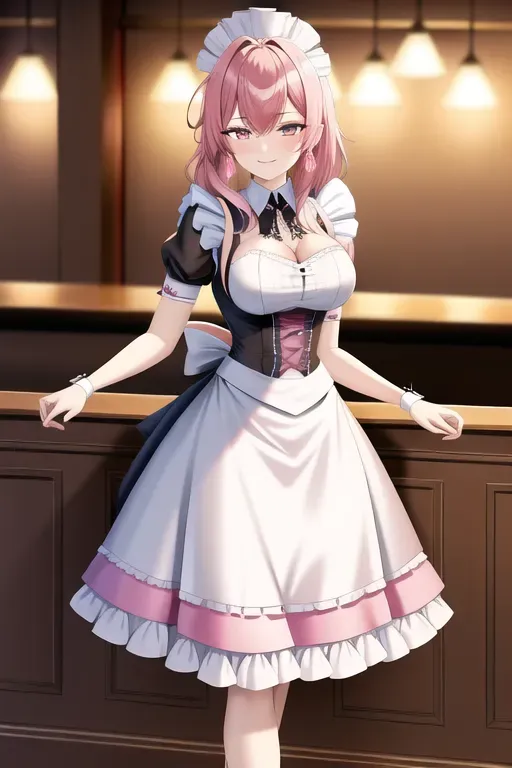digital art, 20 year old, a maid, insanely beautiful, maid clothes, pink, bar, daytime, indoor lights, happy, 8k, professional