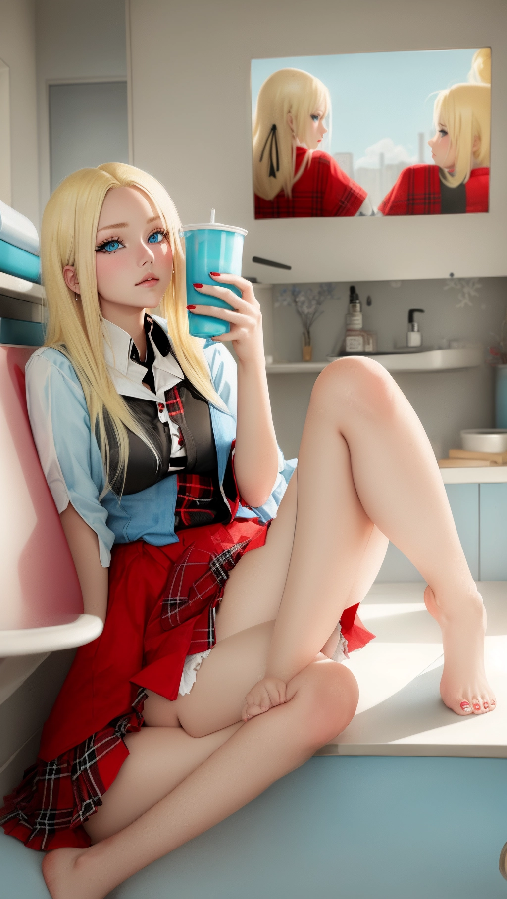 Bleach blonde hair, gorgeous sky blue colored eyes, wearing a red and black flannel skirt, eyeliner, sitting,