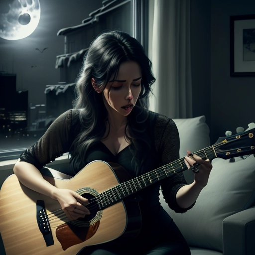 Beautiful woman sitting in a living room playing guitar, sad, tears running down her face, emotional, gloomy, dark, powerful, (night time), (moonlight through the window), , ((mouth slightly open because she is singing))