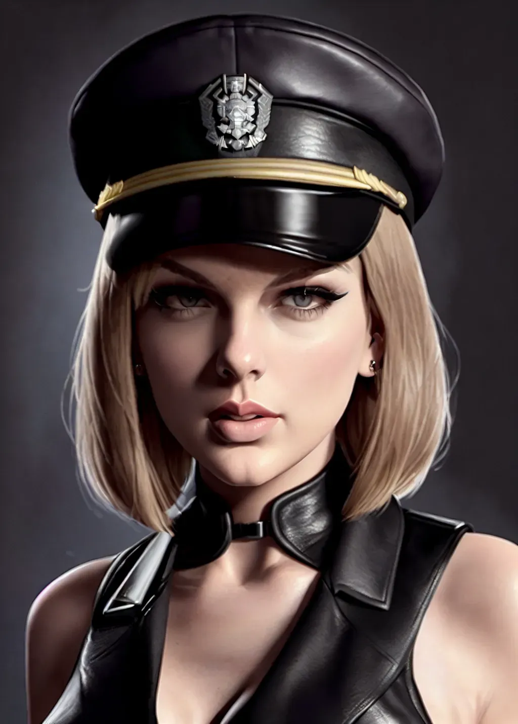 realistic HD photograph ((wide shot)), (((Taylor Swift)))((((accurate face))))(((cruel evil facial expression))),(((as a fascist dominatrix officer)))(((in an interrogation room))), (((wearing a gray military officers uniform)))(((wearing leather gloves)))((((wearing a brimmed military officers cap))))(((BDSM)))((wearing sunglasses)),(((short straight sleek haircut)))(((long sleek blunt bangs hairstyle)))(((black hair))), ((very sexy pose)),(((perky breasts))),(((ZAFTIG athletic body))), five slender fingers,, beautiful face, beautiful lips,detailed large eyes,curved eyebrows,cgsociety,cinematic lighting,studio lighting,professional,editorial,((<lora:dpmg_viewer_on_leash:1>))(((<lora:dpmg_round_glasses:1>)))