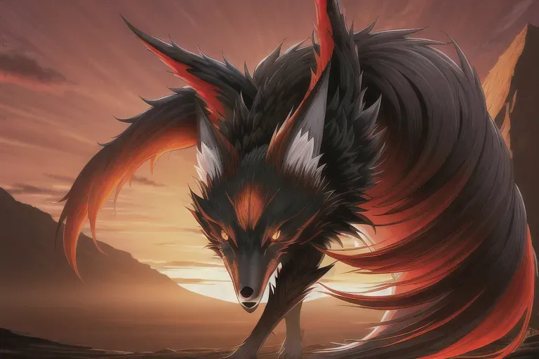 pencil drawing, 20 year old, a nine-tail fox, muscular, goth clothes, black, red carpet, sunset, sunlight, happy, 8k, professional
