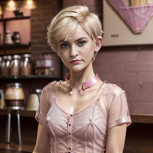 (((pink daisydukes))) (((sheer see through shirt in coffee shop))) (((small cone tits))) (((pointy breasts))) (((short blonde hair))) (((babyfat))) (((pink collar))) (((pouty))) (((exposed nipples))) (((madison wisconsin))) (((ultra realistic))) (((boy haircut)))