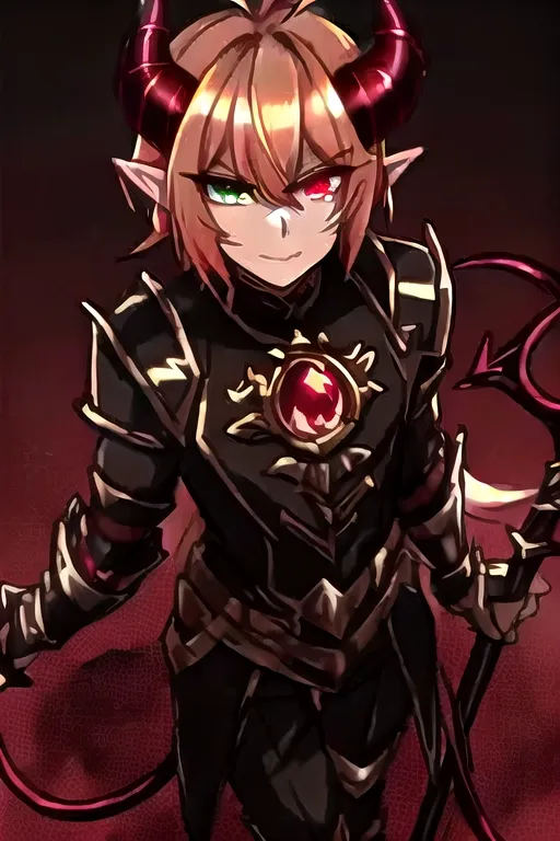 best quality, masterpiece, solo, solo guy male tiefling, bright golden brown
hair, golden brown color hair, curled horns devil, hell armor, holding battleaxe, chrome shiny battleaxe, androgynous haircut, imp demon , dark paladin, chain main shirt, battle axe wielder, warrior, warrior of hell, demon tiefling, hell red power, curled horns, illrigger, armored, 1 male tiefling only, demon, flat chest, posh , leather armor, well groomed, elf ears , jackal imp creature , horns, armored jacket, solo, sharp jagged tail, humanoid, heterochromia, green eye, red eye, determined look in eyes, masterpiece, colorful shirt, short length hairstyle single strand of hair curls on top of head, antenna hairstyle imp demon, ,cute look in eyes, imp demon ,red horns, heterochromia, masterpiece anime style