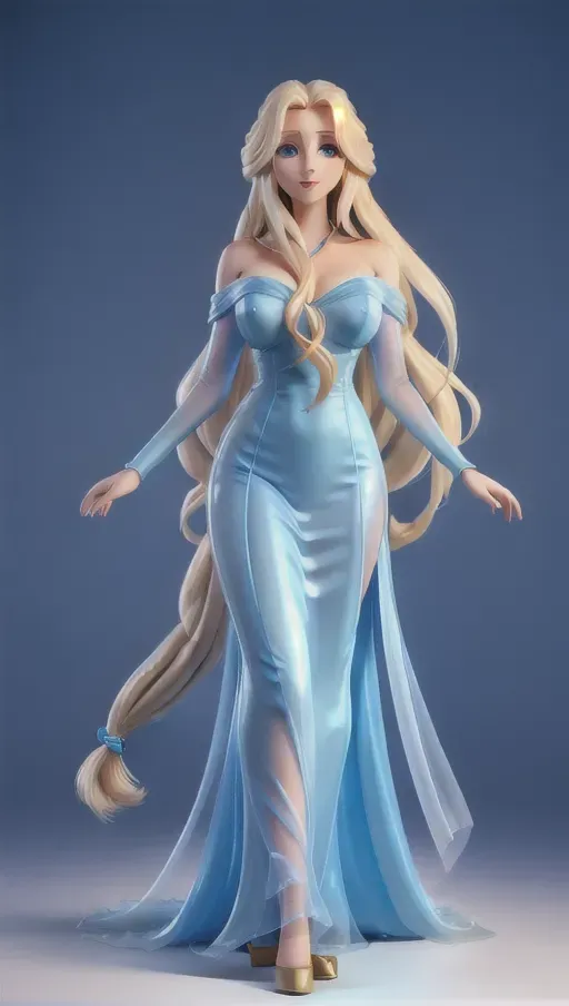 Photograph of, long blonde hair woman, wearing transparent blue silk gown, big breasts, five fingers hand, professional lighting