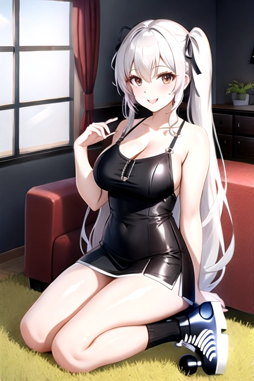 8k quality, brown eyes, pale white skin, white hair, giant breasts, cleavage, looking at viewer, pov, long hair, wavy hair, sitting in living room, minidress, roller skates, miniskirt, pigtails, full body photo, smiling