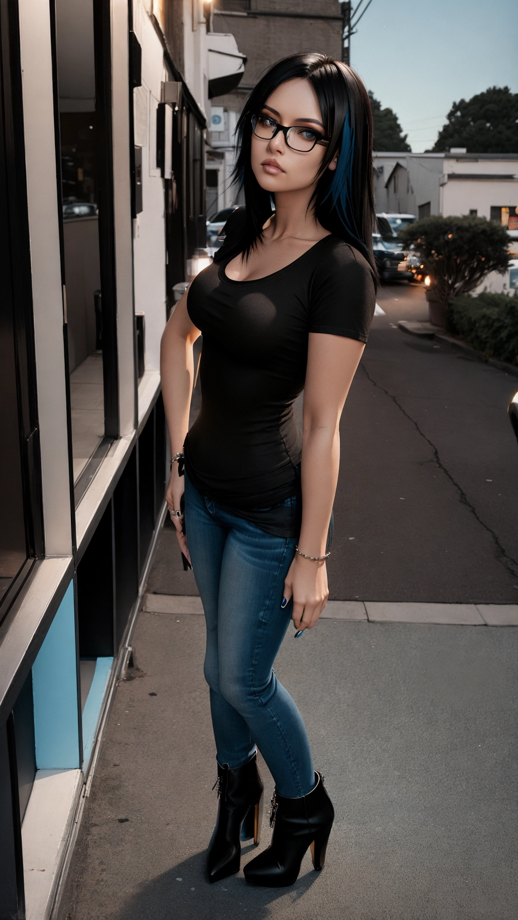 Woman with jet black emo hair with brown highlights, glasse, standing on the side of the street next to a bar, tight fitting black t shirt, medium breast poking through shirt, light blue jeans, black high heels boots, blue eyes,