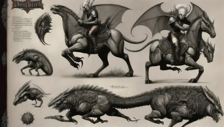 ((8k, high detail, ultra-crisp, high resolution)) character design sheet from artist Edward binkley of a monster riding a creature . ((Medieval bestiary art)) (((multiple arms from Diablo game bestiary art))) realistic animal anatomy (create creatures with multiple eyes of the otherworldly kind)