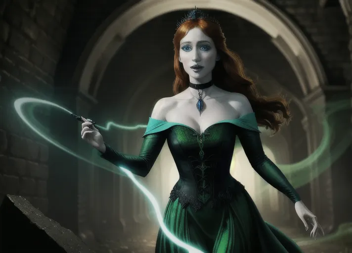 Beautiful pale skinned auburn haired blue eyed Queen Anna of Arendelle portrayed by Elizabeth Lail relishing in a magical evil gothic makeover, shifting gradually from on her right good sweet style light make-up green velvet gown to left side tight black leather and silk with a choker dark lipstick dark eyeliner, from reading from an enormous evil enchanted spell book. vivid green mist and crackling lightening swirling about her. Photorealistic.