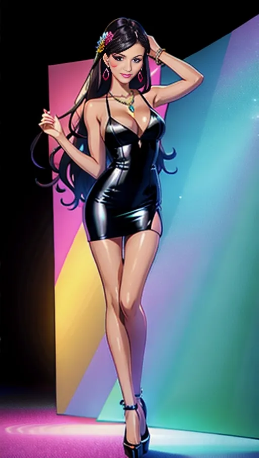 (((Full body view))), alone in a nightclub, bright and colourful background, A ((very tall tallest)) stunning svelte brunette happy young supermodel wearing a black minidress, black stilettos, dark background, spotlight, tanned, earrings, necklace, bracelets, (hair ribbons) very long straightened hair, (((very long longest legs))), muscles, fit and toned, makeup, eyelashes, eyeshadow, mascara, (lipstick), blusher, smiling, flowers in hair