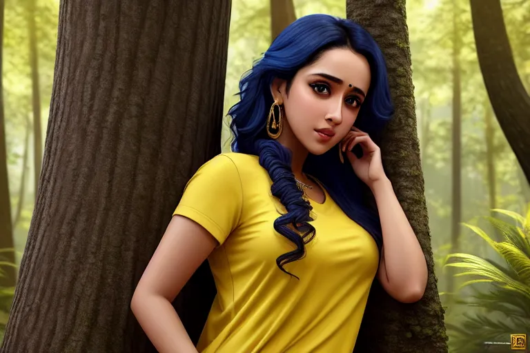 a digital art of,shraddha kapoor,wearing burger clothes,leaning against the wall,in the forest,five slender fingers,fishtail hair,charming face,beautiful lips,blue eyes,curved eyebrows,curved eyelid,textured skin,erotic,wearing golden ring,smooth,cgsociety,bokeh,pixiv,sharp focus