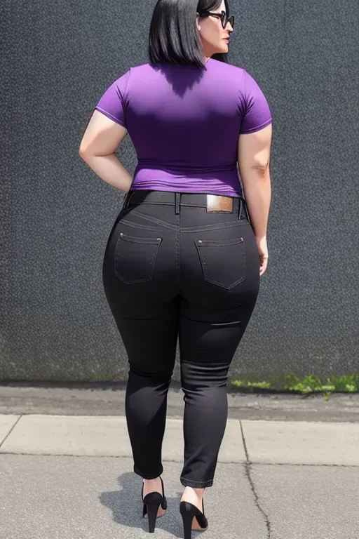 photorealistic,slightly chubby woman,shoulder-length dark hair,glasses,black jeans,purple t-shirt,handcuffed behind back,full-body shot,side view,nice ass,highly detailed
