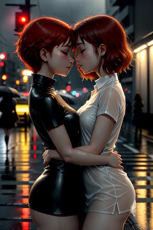 2girls, 25, red hair, flushed cheeks, pale skin, short hair, freckles, tan lines, cyberpunk, cyberpunk city, cyberpunk city street, night, neon lights, kissing, kissed, kiss, lesbians, naked, bare skin, arms around each other, holding, hugging, raining, wet, soaked, see through shirt, smiling, happy, eyes closed, passion, taller girl, shorter girl, height difference, standing on tippy toes to kiss taller girl, lips locked, blushing, rain on face, rain on body, dripping wet,