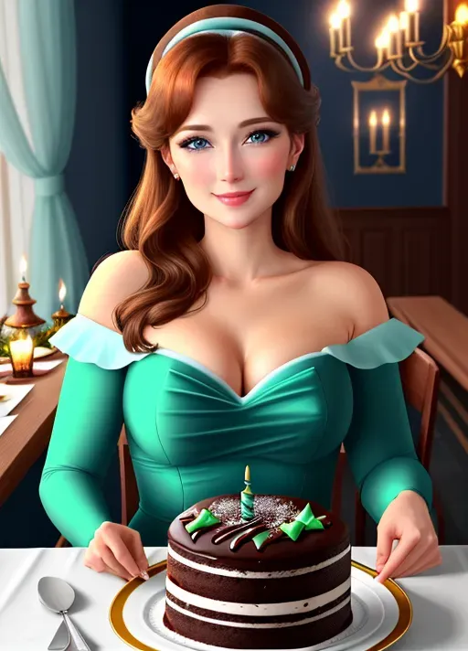 birthday party for Anna.
low angle, medium shot,
beautiful, Sweet innocent beautiful, mature, good girl, light makeup, Anna of Arendelle, in the for front, age 33 long redish-Auburn hair, sweet warm smile, large round natural blue eyes, Nordic, festive green velvet party outfit, seated behind a 3 layer chocolate birthday cake with mint icing and chocolate fudge drizzle, lit candles on the cake.